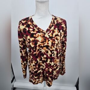 Westbound Burgundy Cream Abstract Print V-Neck Top Small (6427)